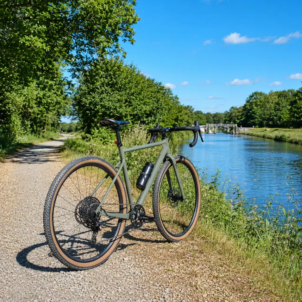 Budget gravel bike beside a canal under a bright blue summer sky