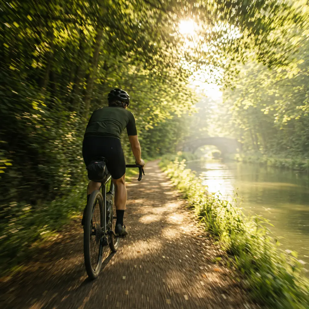 Gravel bike on a woodland towpath in warm morning sunlight