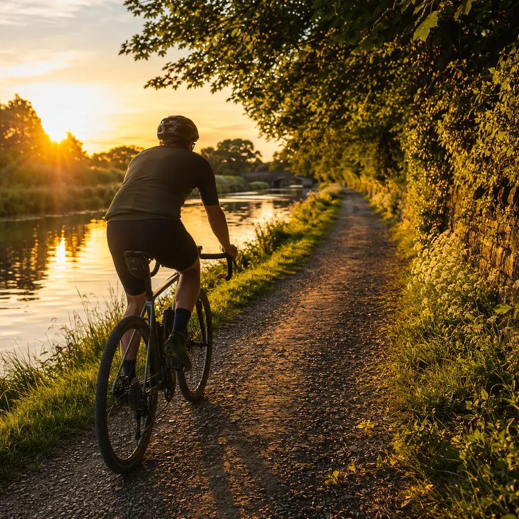 Gravel bike on a sunlit UK canal towpath during golden hour