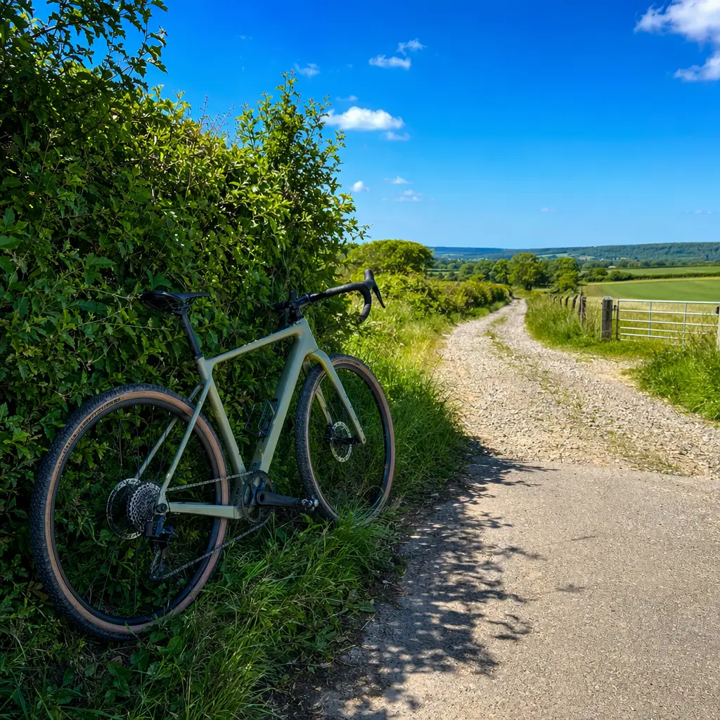Entry-level gravel bike parked where a tarmac lane meets a gravel track