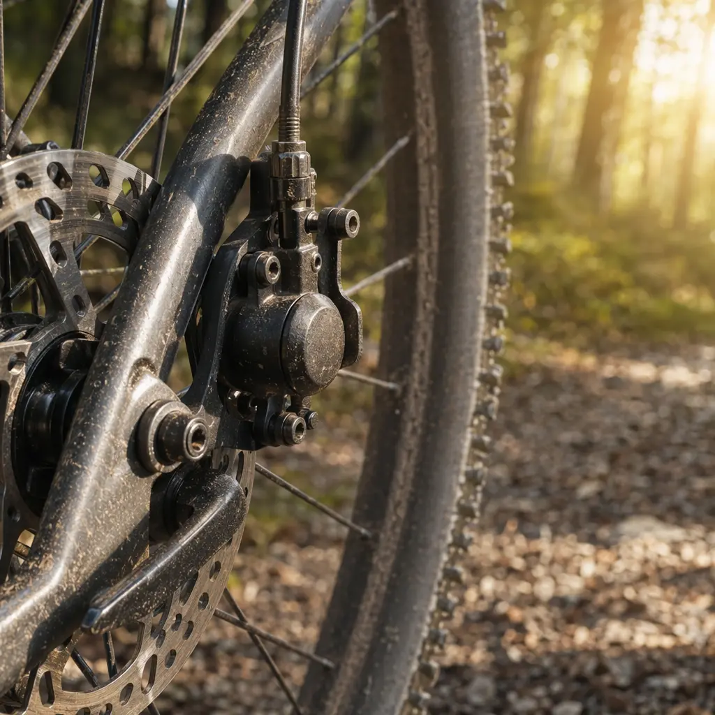 Close-up of a mechanical disc brake and gravel tyre in warm sunlight