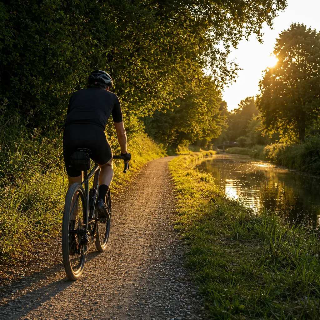 A budget gravel bike riding along a UK canal towpath in warm golden-hour light