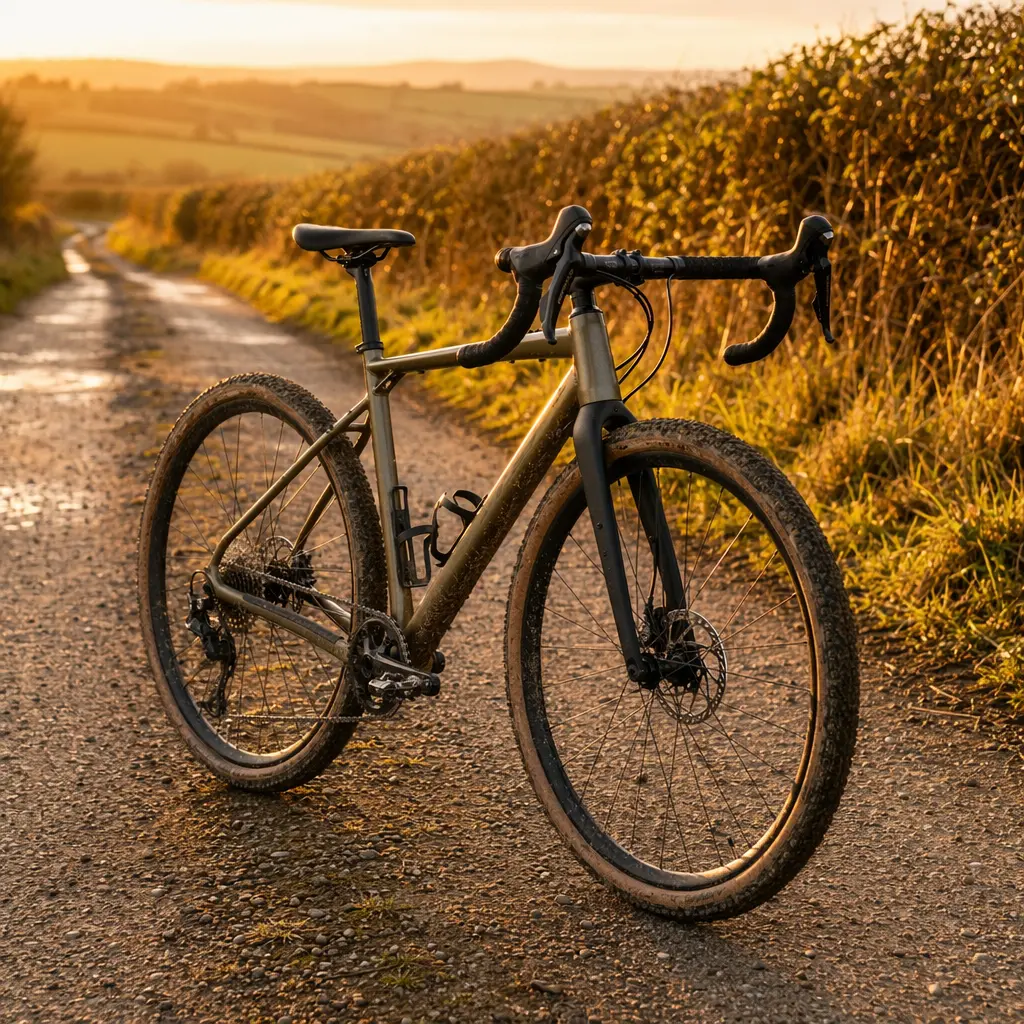 Affordable gravel bike on a country lane in warm golden-hour light