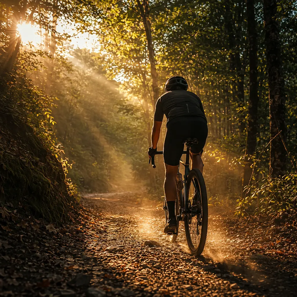 Gravel bike on a woodland track in warm morning sunlight