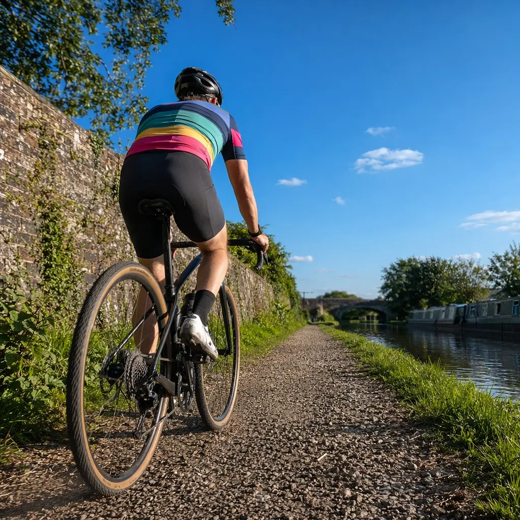 Budget gravel bike on a sunny UK canal towpath, shown from behind in lively summer light