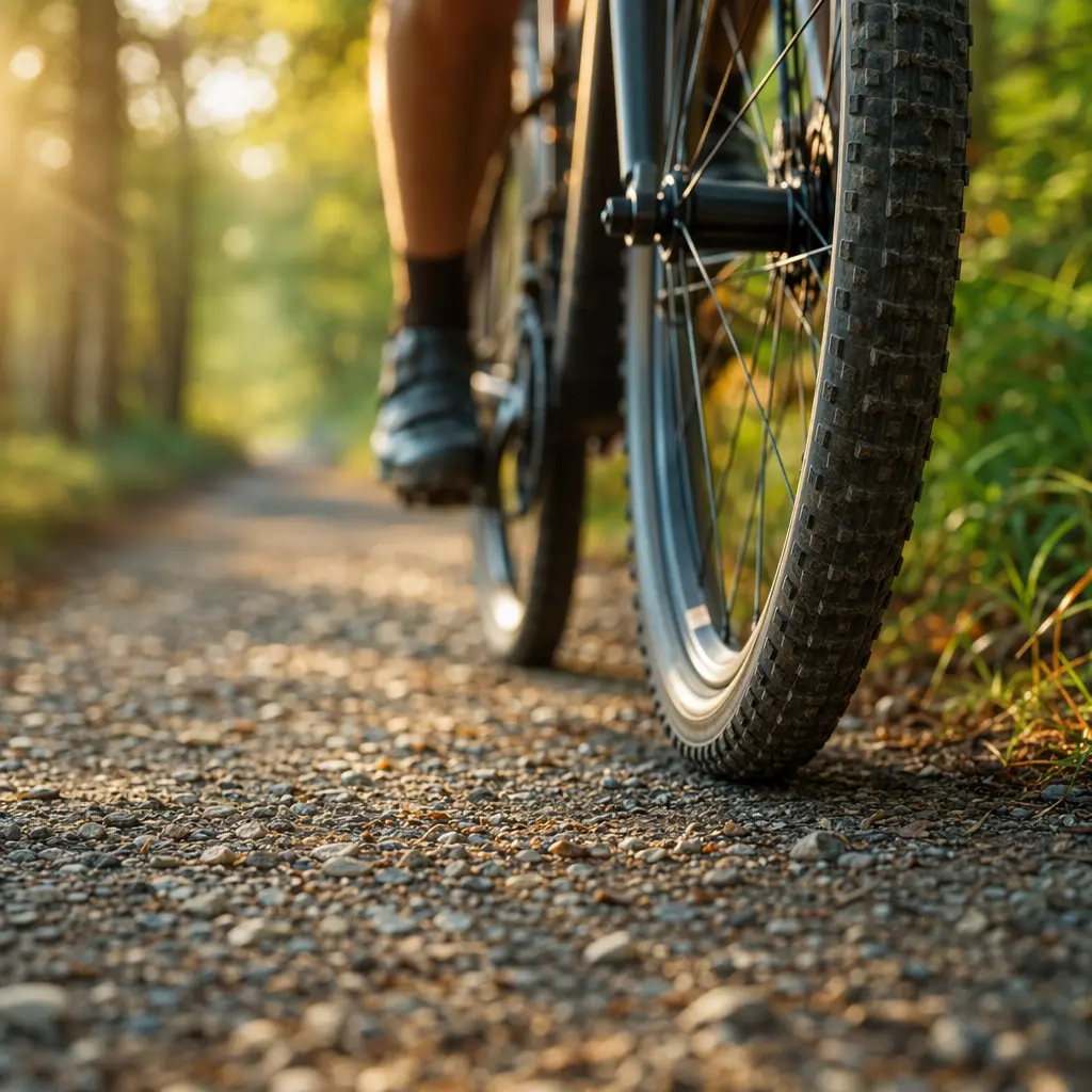 Gravel bike tyres on a towpath in warm morning light