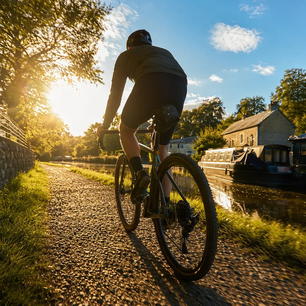 A gravel bike on a UK canal towpath at golden hour, rider silhouette from behind