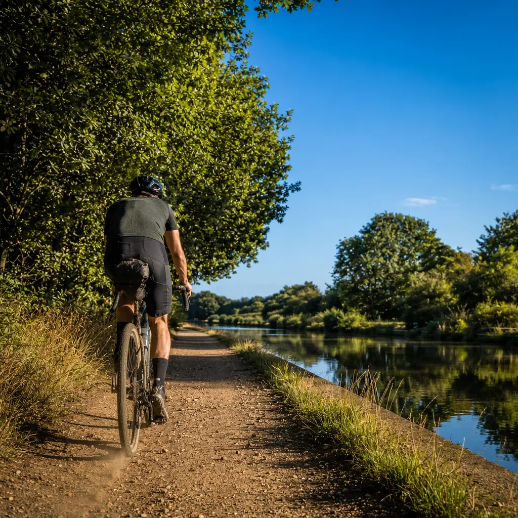 A gravel bike being ridden along a sunny canal towpath, showing mixed-surface capability