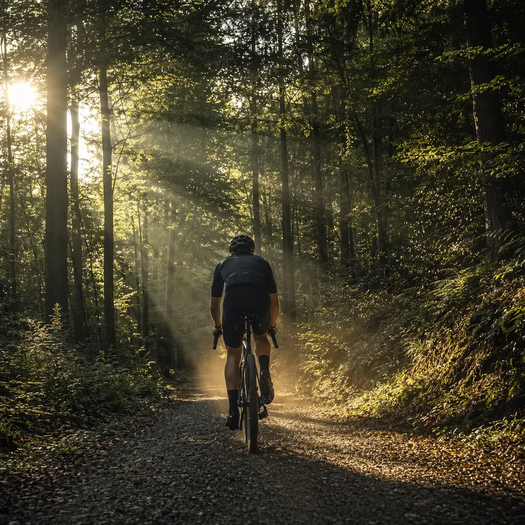 A gravel bike being ridden on a woodland gravel track in warm morning light
