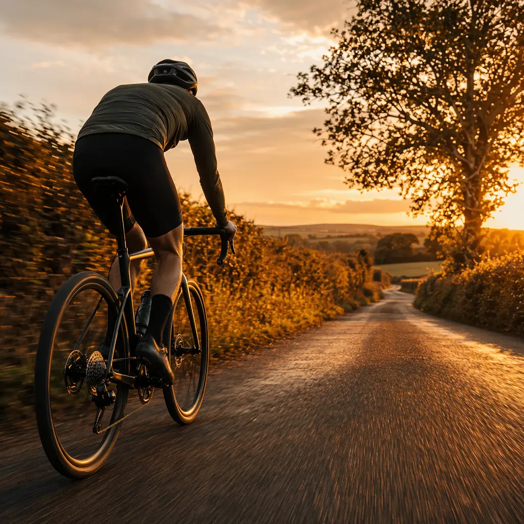 A gravel bike being ridden on a sunlit UK country lane at golden hour