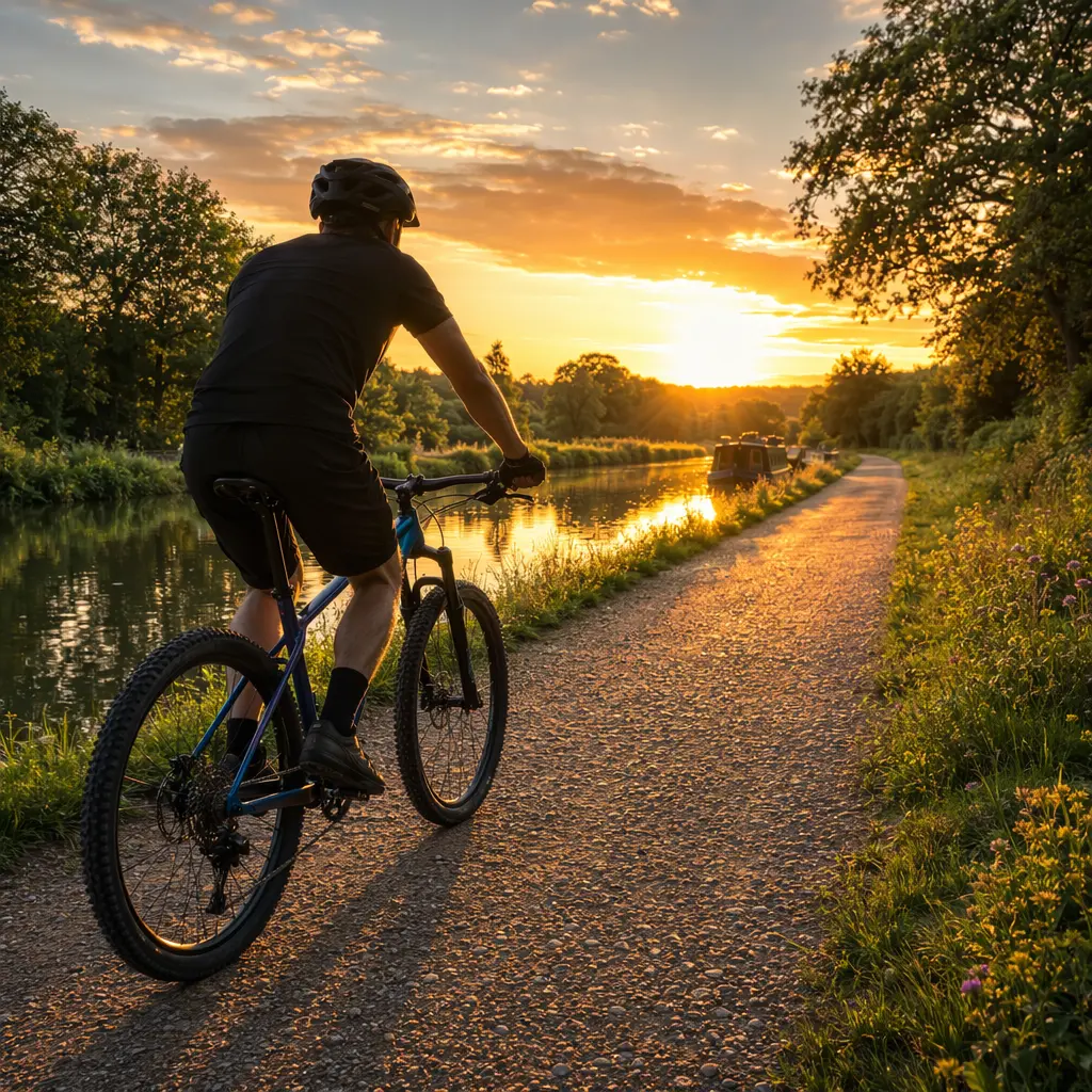 Hardtail mountain bike on a canal towpath in golden-hour light