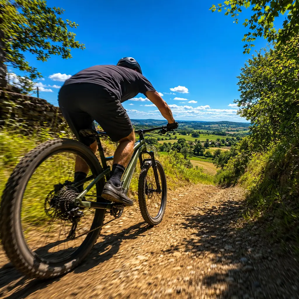 Hardtail mountain bike riding from tarmac to dirt under a bright blue sky