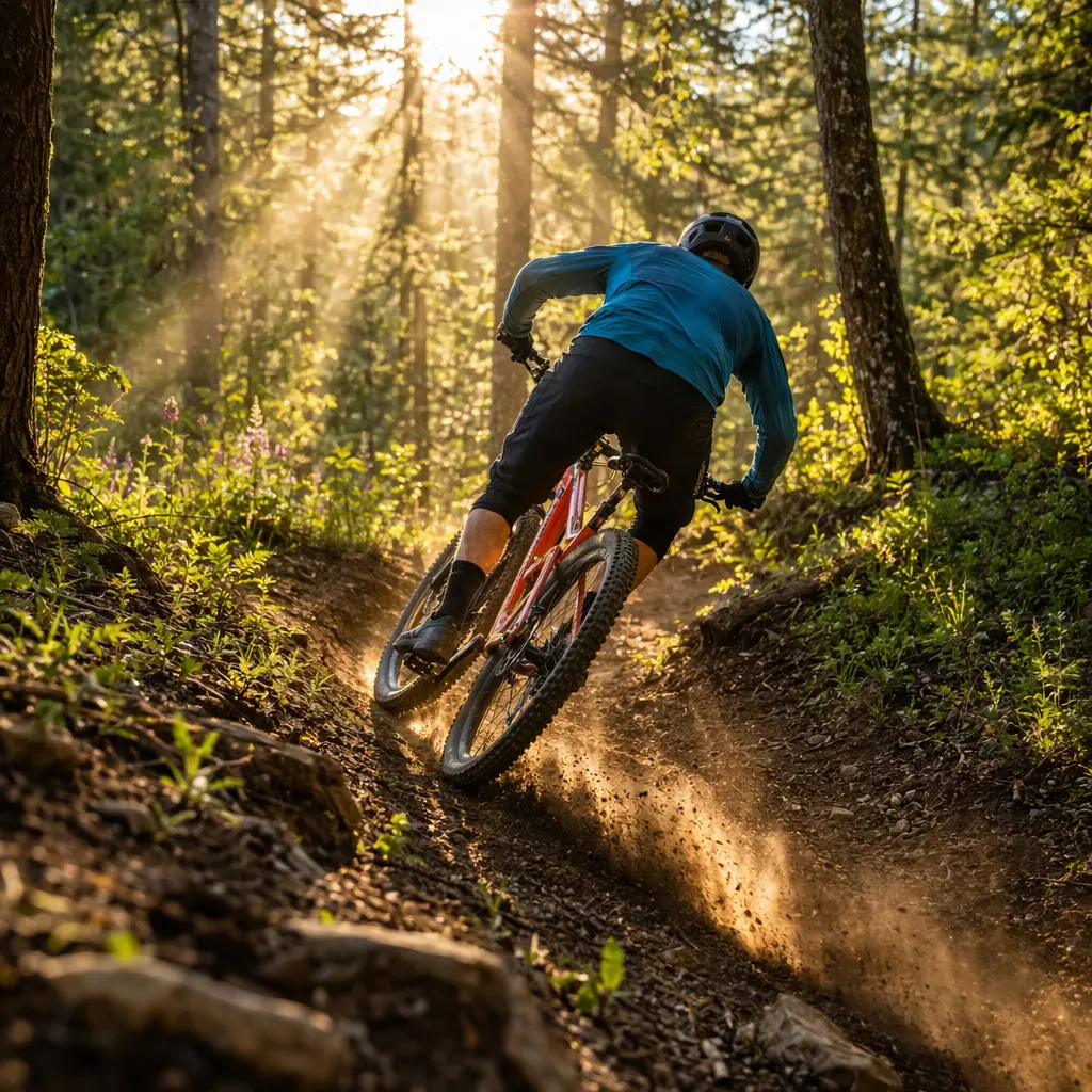 Beginner hardtail mountain bike on a bright woodland trail in warm morning light
