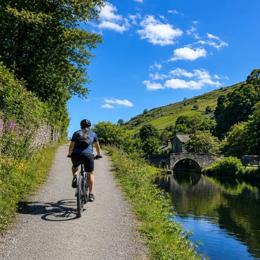 Hybrid bike riding uphill along a sunny canal towpath