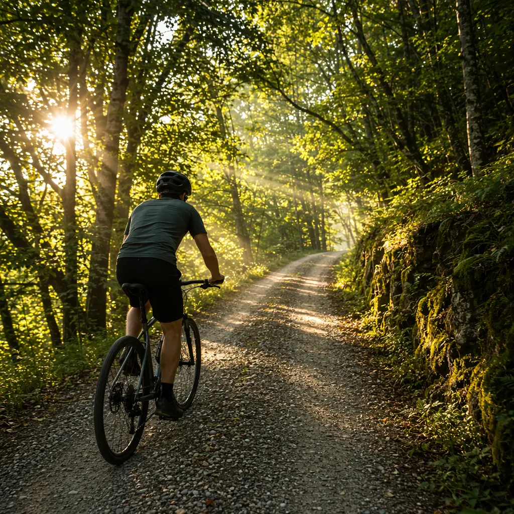 Hybrid bike climbing a wooded gravel track in warm morning light