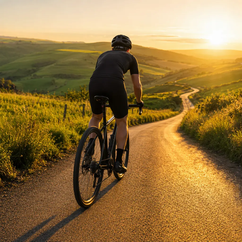 Hybrid bike riding uphill on a sunny country lane, shown from behind