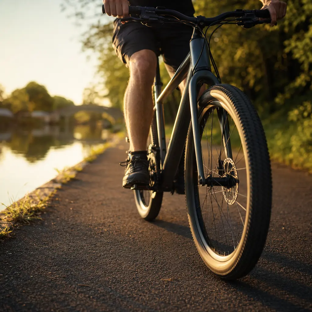 Close-up of hybrid bike wheels and tyres in warm golden-hour light on a canal towpath.