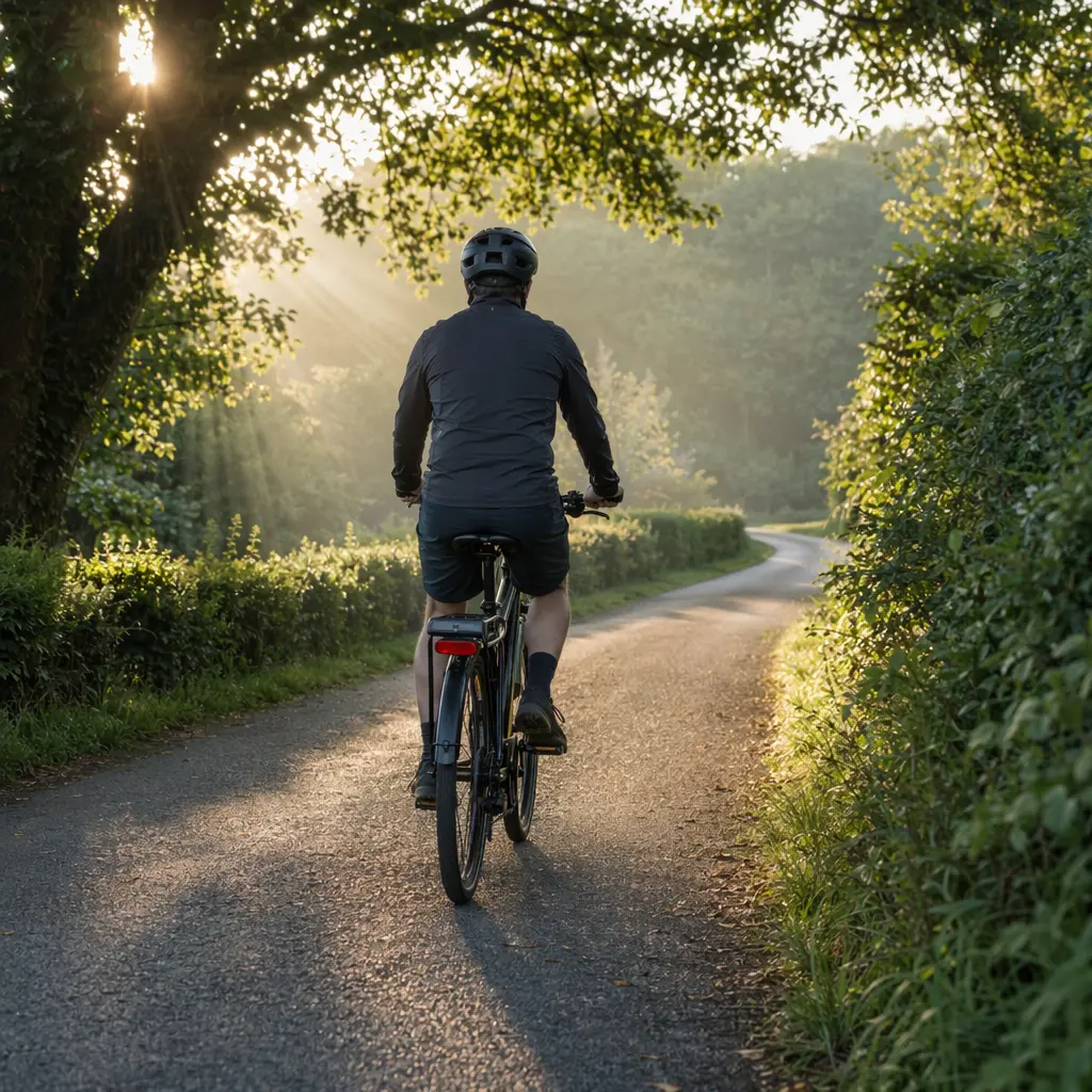 Hybrid bike in warm morning light on a country lane, showing an upright and comfortable riding position.