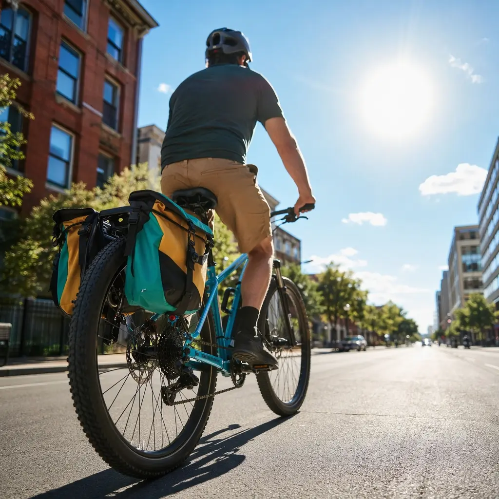 Hybrid bike built for durability on a bright summer street, shown from behind with wide tyres and a strong frame.