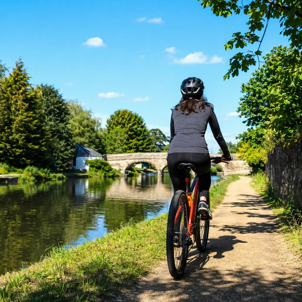 A budget hybrid bike being ridden along a sunny UK canal towpath