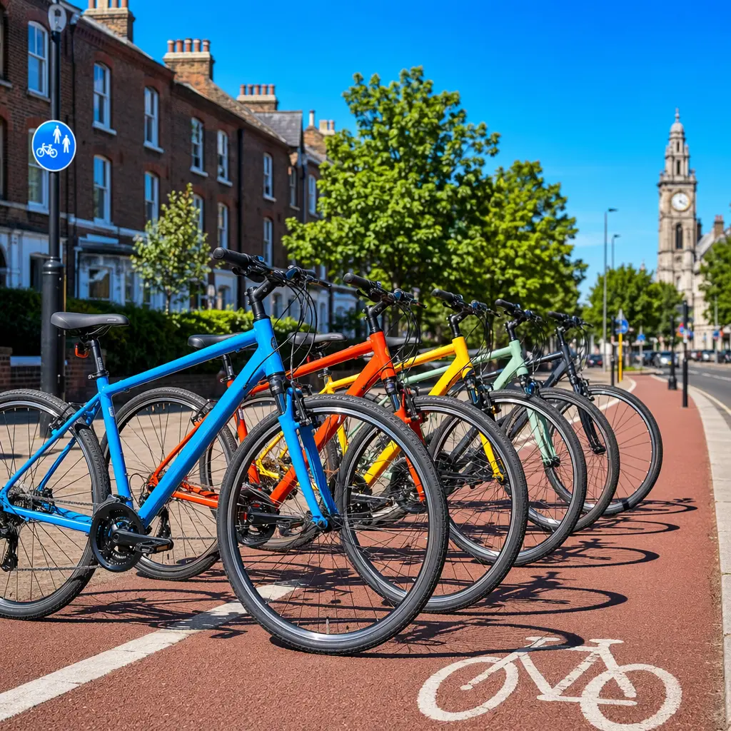 Several affordable hybrid bikes parked along a sunny city cycle path