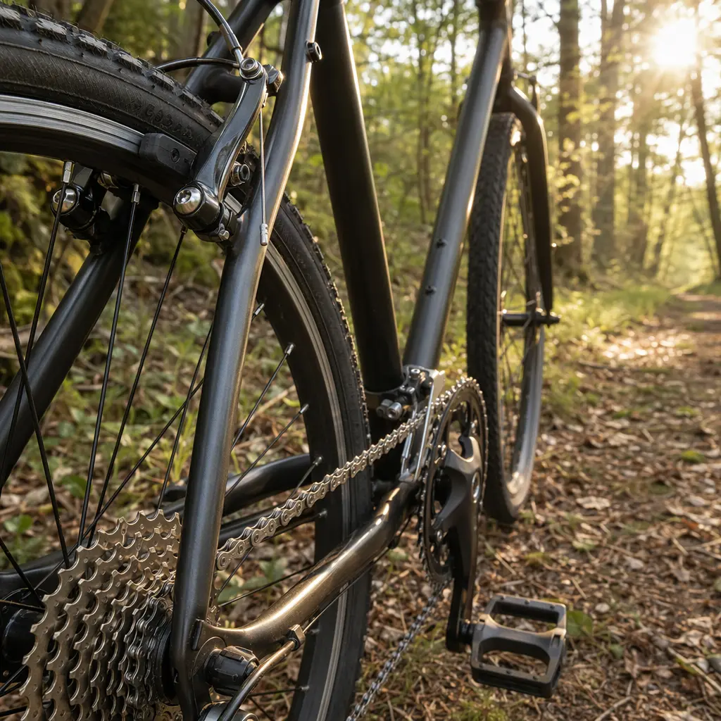 Close-up view of basic gears and brakes on an entry-level hybrid bike