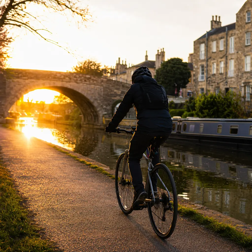 A budget hybrid bike being ridden along a bright canal towpath in warm evening light