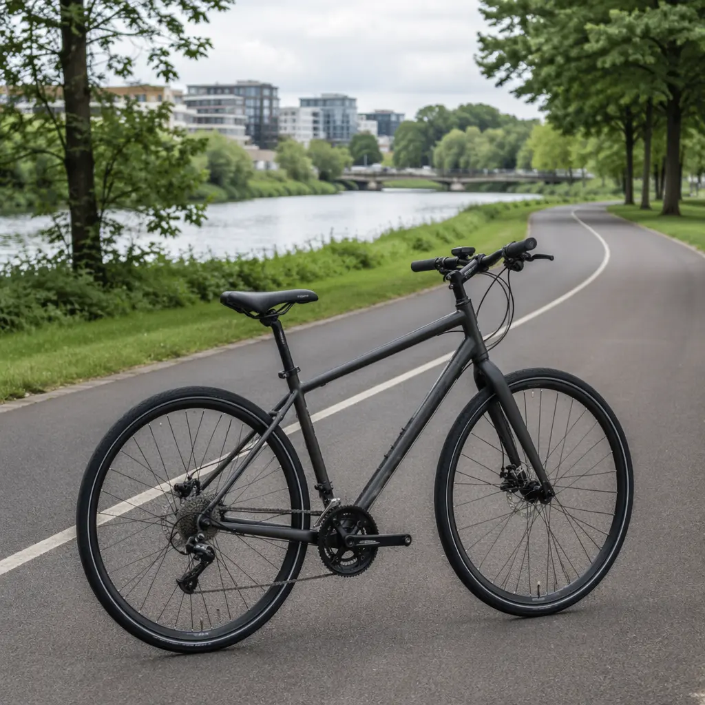 Hybrid bike on a paved urban cycle path in a UK park