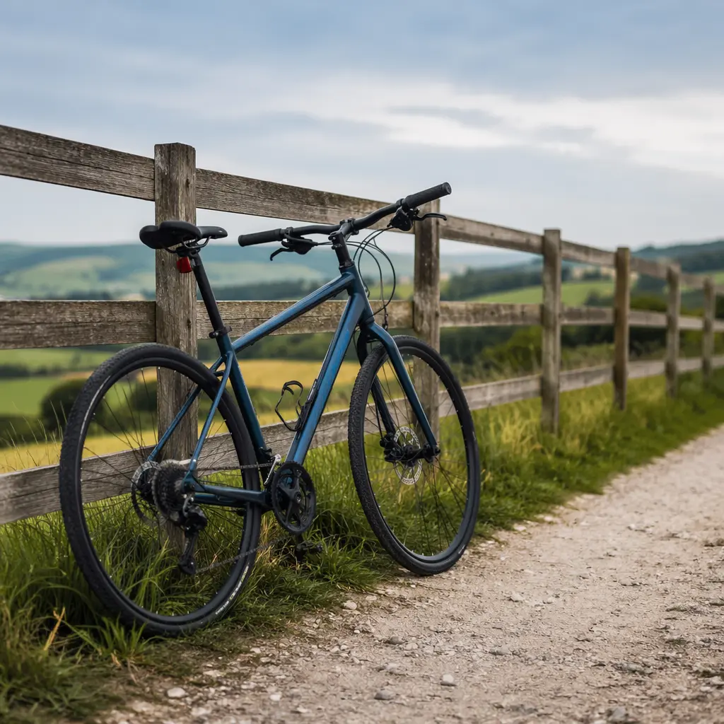 Hybrid bike on a light gravel path in the UK countryside