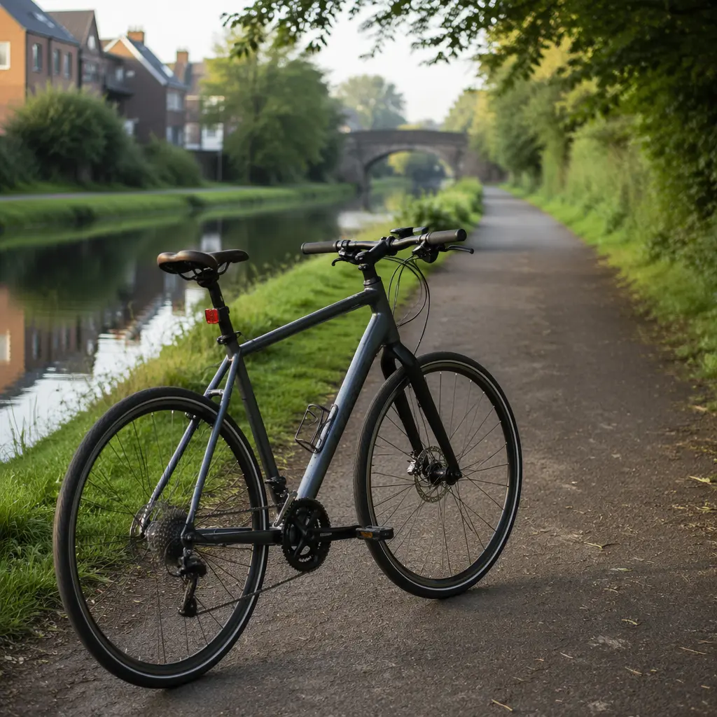 Budget hybrid bike on a UK canal towpath in soft natural light