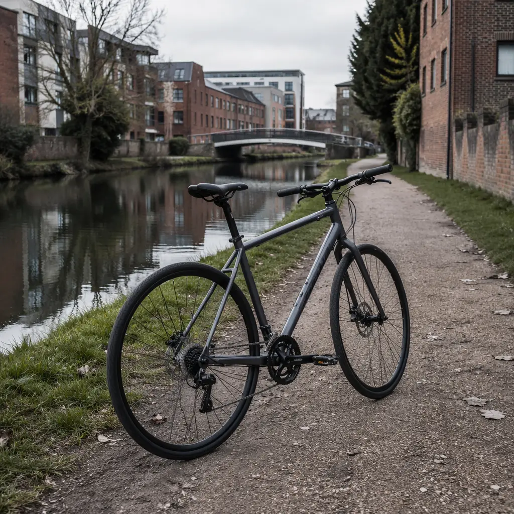 A simple hybrid bike beside a UK canal path