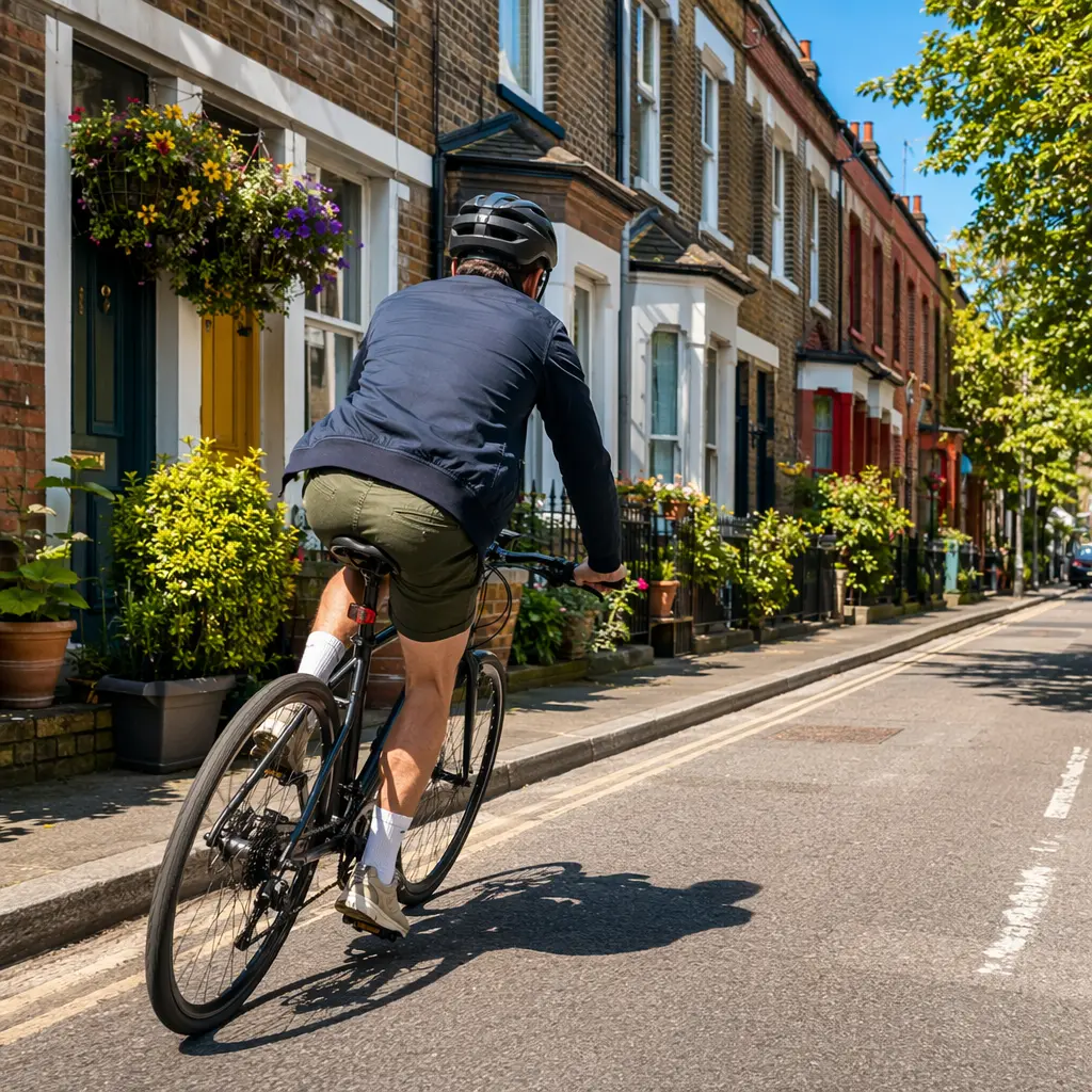 Budget hybrid bike in use on a bright urban street