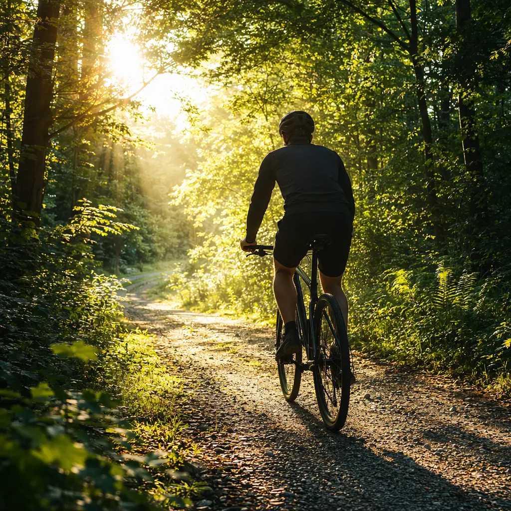 Hybrid bike on a sunny woodland gravel path
