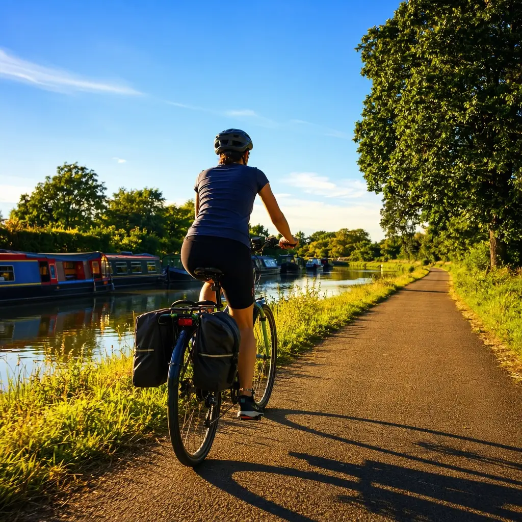 Hybrid bike on a sunny canal towpath, ideal for everyday UK riding