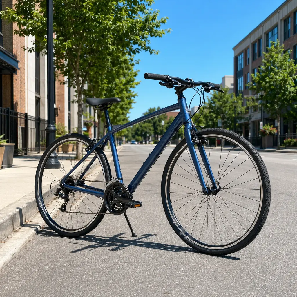 Affordable hybrid bike on a bright urban street under blue skies