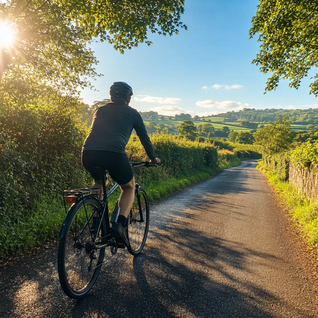 Hybrid bike on a quiet country lane in warm morning sunlight