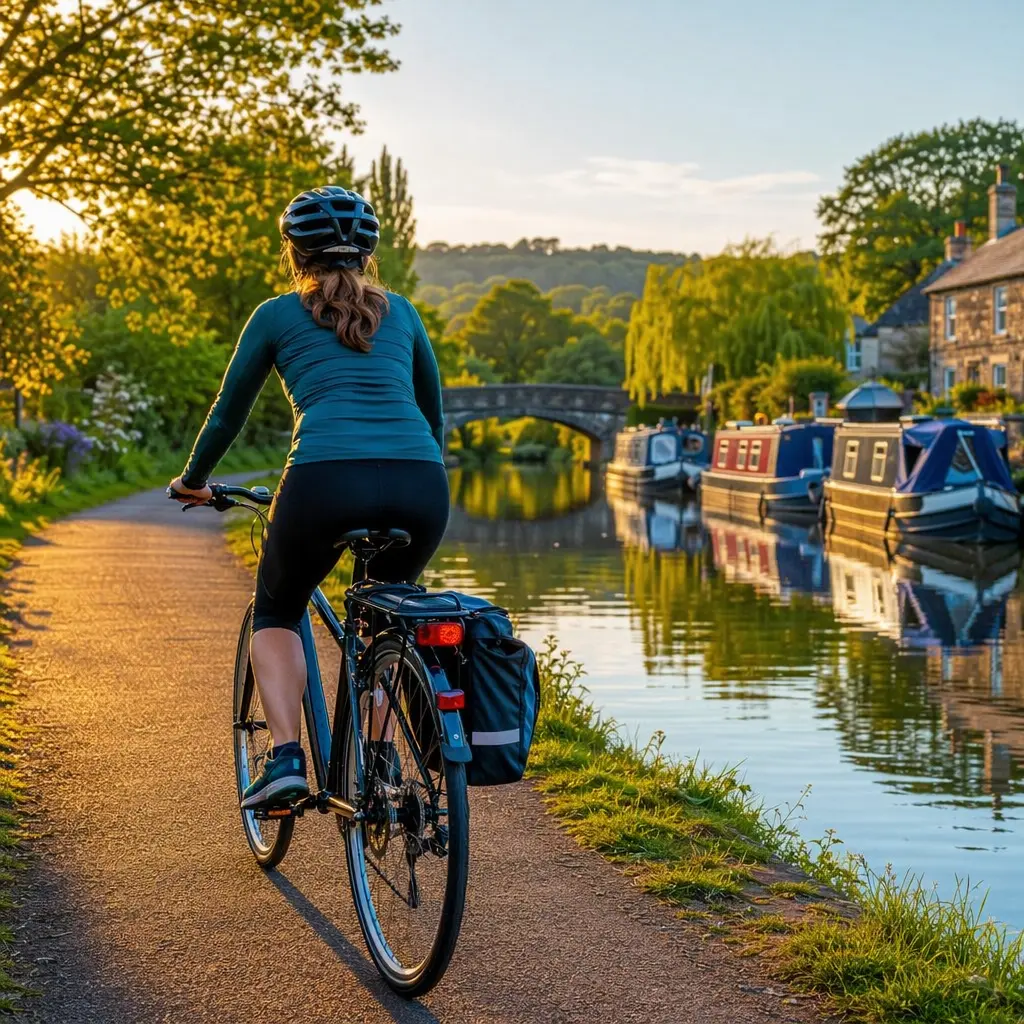 Hybrid bike being ridden along a UK canal towpath in warm evening sunlight