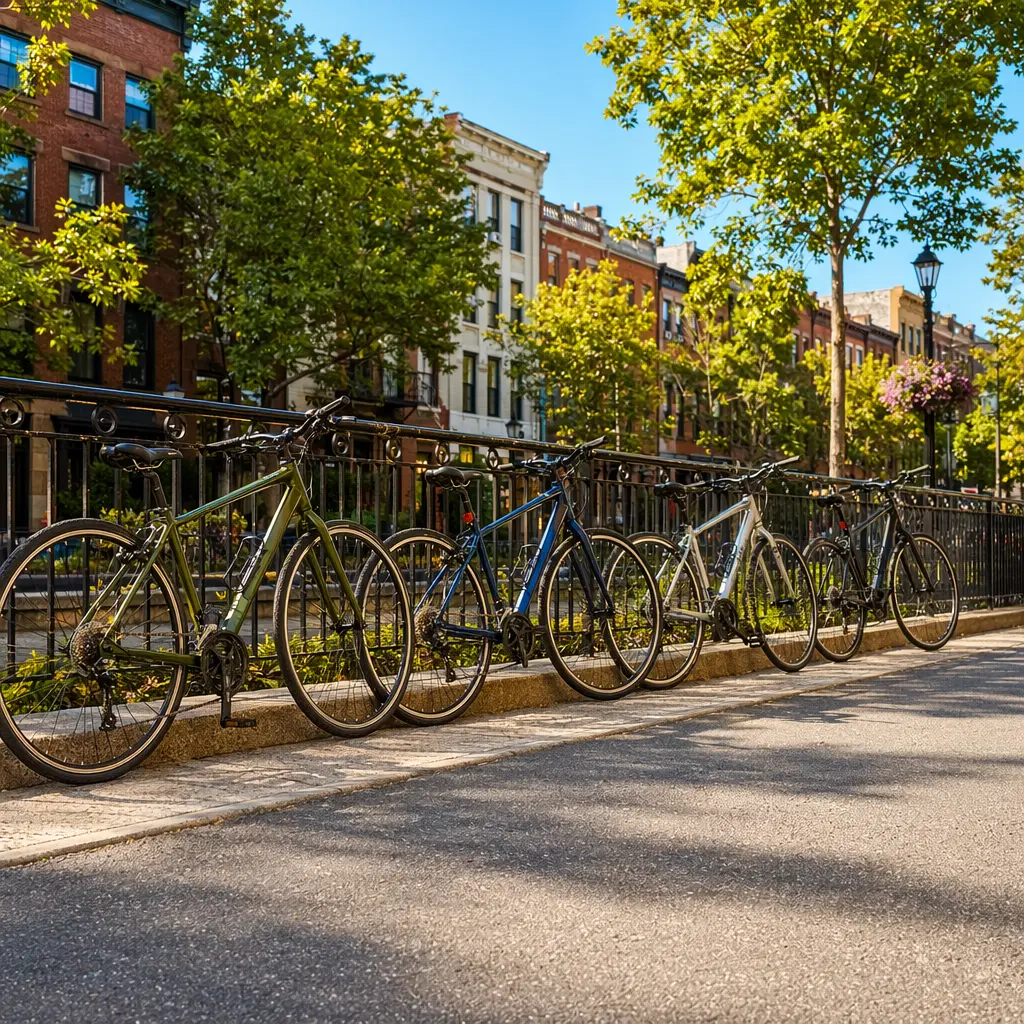 Hybrid bikes parked on a bright city street