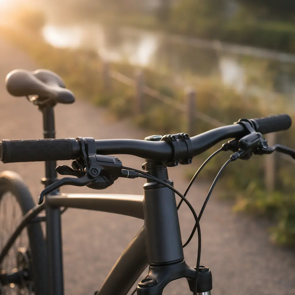 Close-up of hybrid bike handlebars and controls