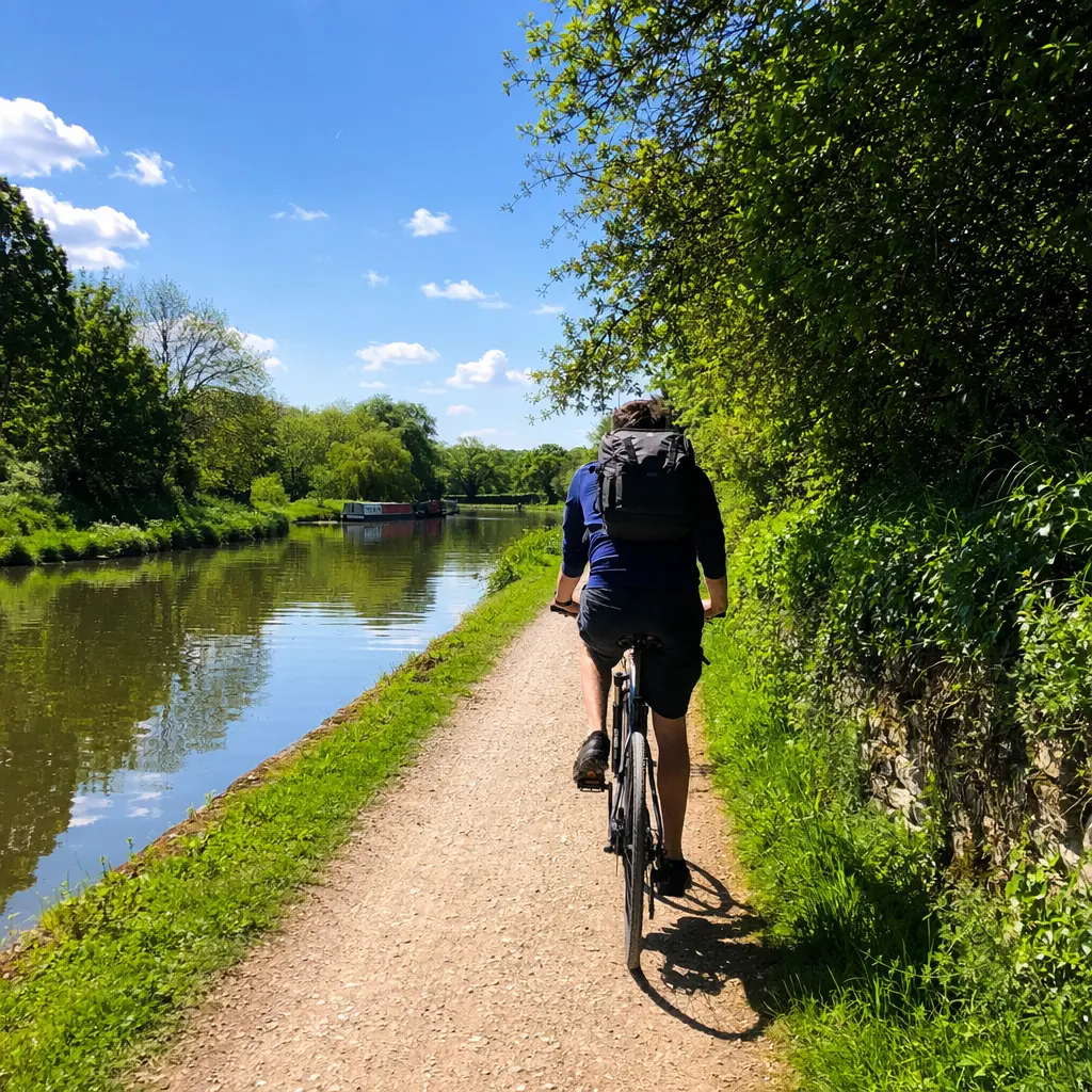 Hybrid bike being ridden along a sunny canal path in summer