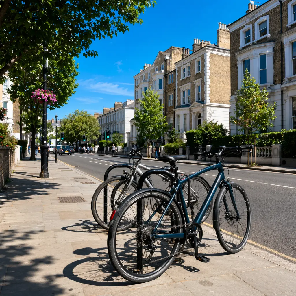 Hybrid bikes parked on a sunny urban street