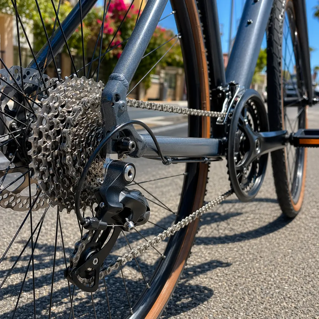 Close-up of a hybrid bike drivetrain and rear wheel