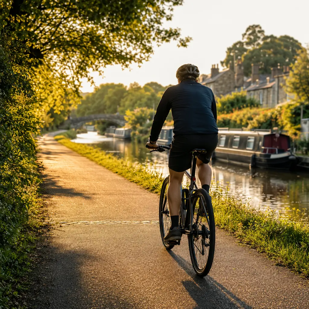 Hybrid bike in warm evening light on a UK canal towpath