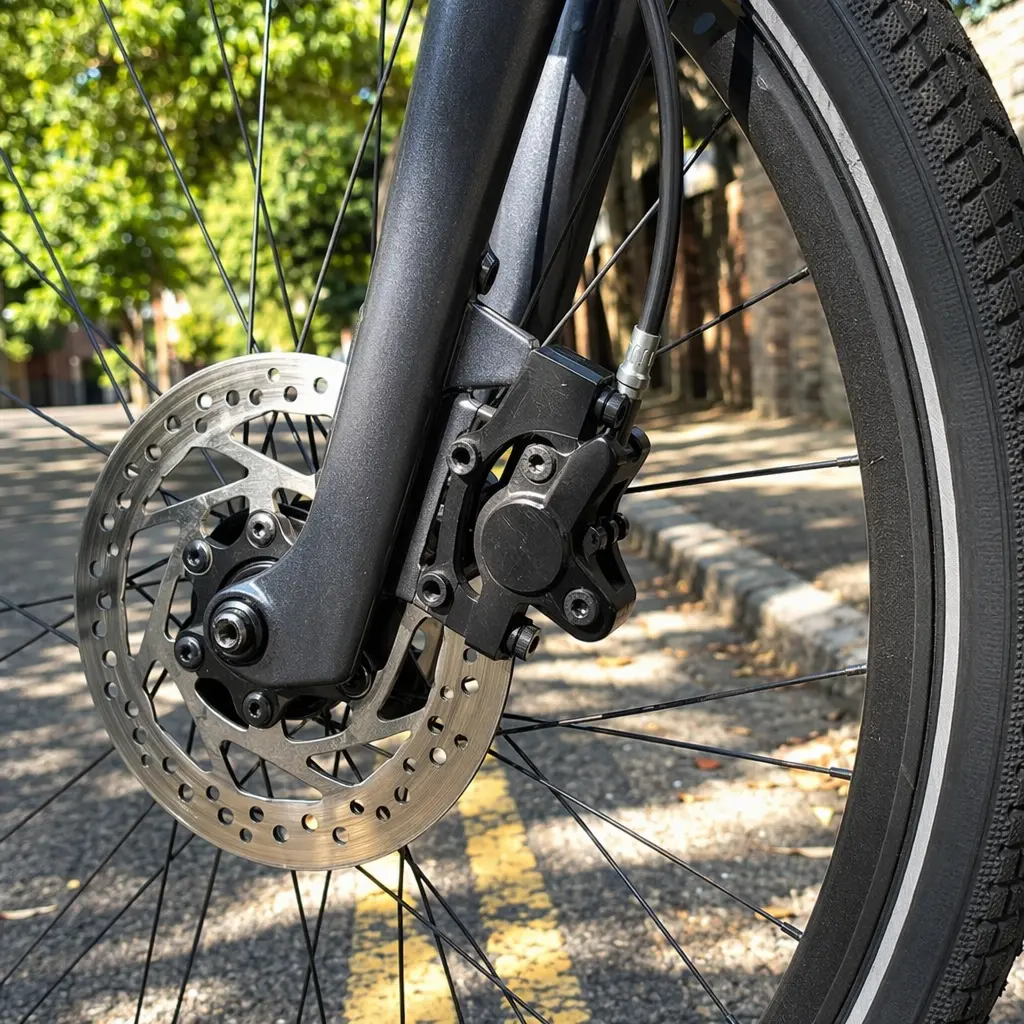 Close-up of a disc brake and tyre on a hybrid bike in bright daylight
