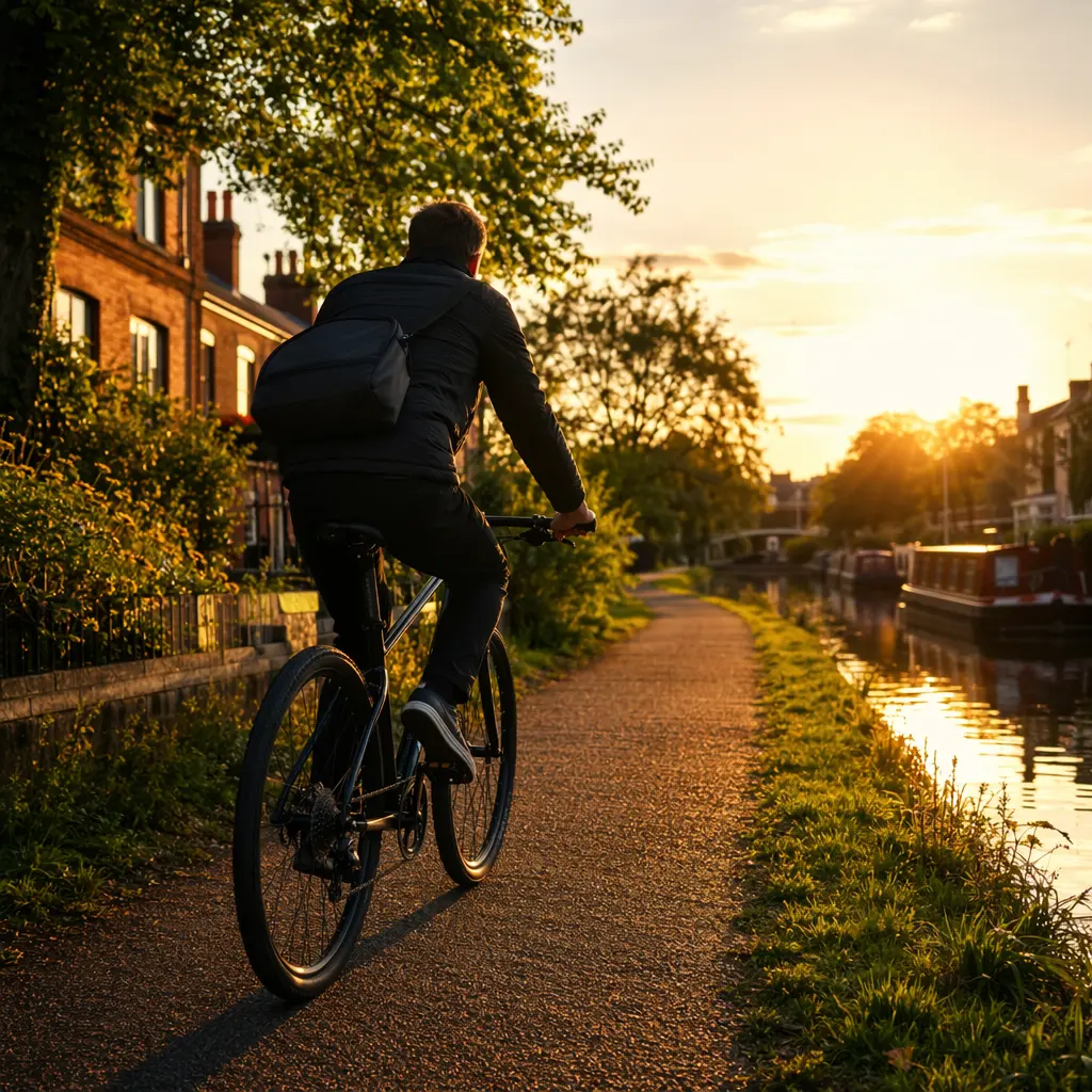Hybrid bike in warm golden-hour light on a UK canal towpath, set up for everyday riding