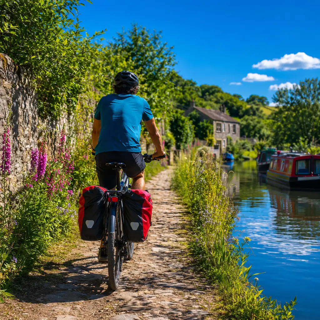 Hybrid bike on a canal towpath under a bright blue summer sky