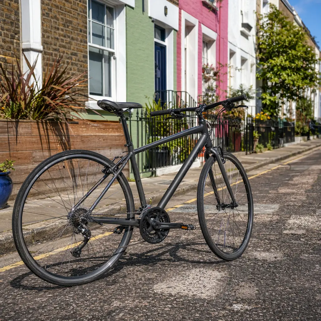 Hybrid bike on a sunlit UK street with rough tarmac