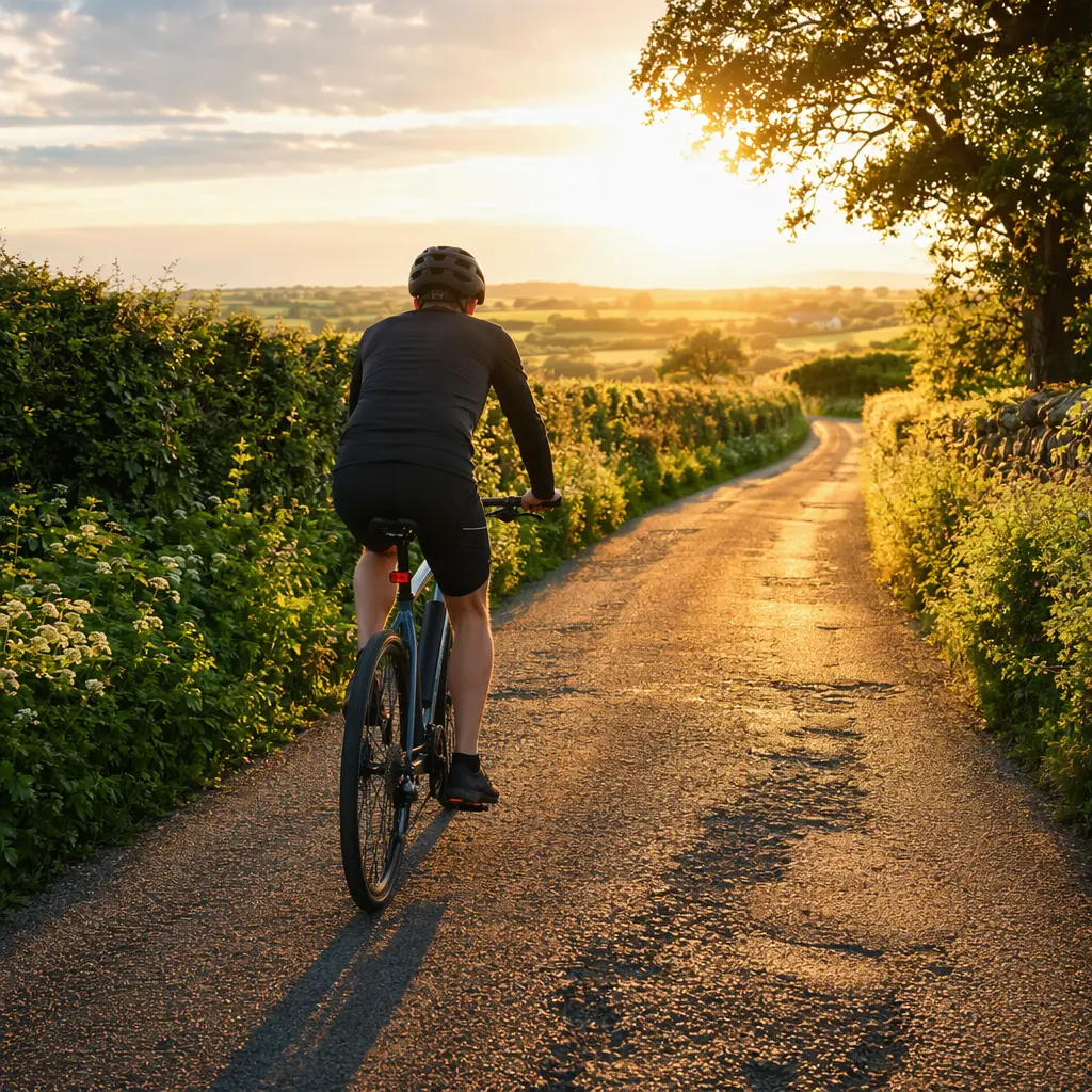 Hybrid bike riding on a rough UK country lane in warm golden-hour light