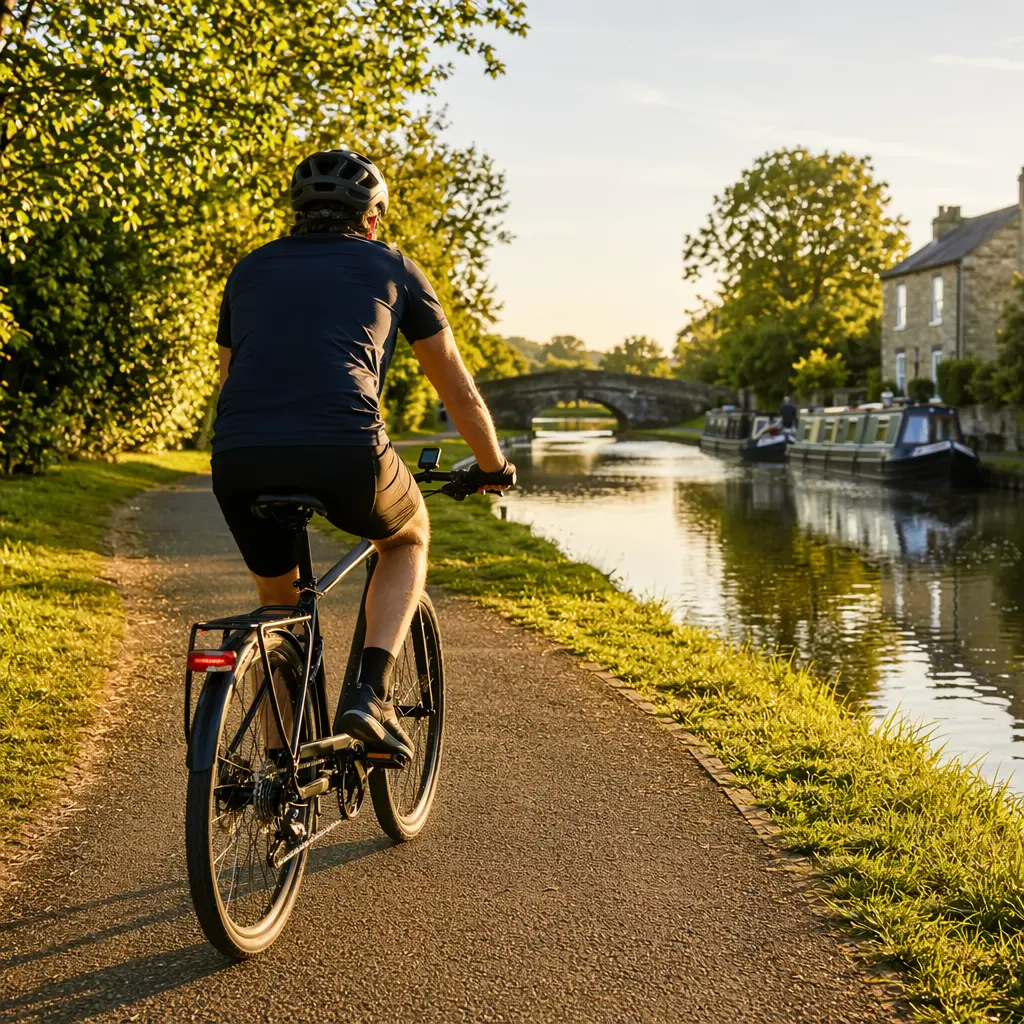 Hybrid bike being ridden along a canal towpath in warm golden-hour light