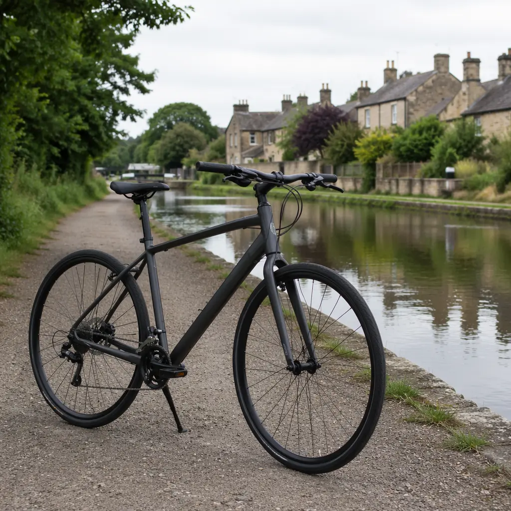 A modern hybrid bike beside a UK canal towpath, showing a versatile everyday riding setup